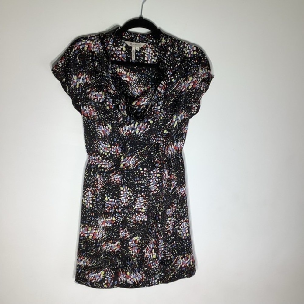 BCBGeneration Womens Sheer Black Dress Multicolor Design Short Sleeve‎ Sz Small